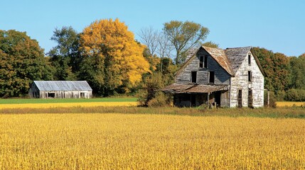Obraz premium Weathered Old Farmhouse Beside Broken Down Barn in Autumn Landscape