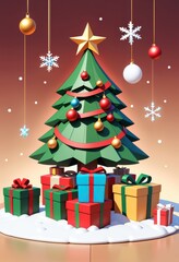 Fototapeta premium Modern Christmas tree with red and white ornaments, festive gift boxes, snowflake decorations on red background, holiday celebration scene, Ai Generation