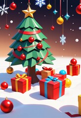 Fototapeta premium Modern Christmas tree with red and white ornaments, festive gift boxes, snowflake decorations on red background, holiday celebration scene, Ai Generation