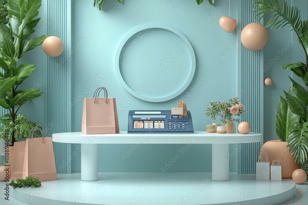 Poster white background sleek and minimalist 3d rendering of a white tabletop with shopping