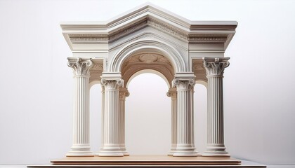 Obraz premium Elegant column arch structure with a symmetrical podium, presented against a white background, embodying classical and architectural refinement