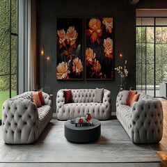 Luxury modern living room interior design featuring elegant sofas, artistic decor, and stylish lighting setups.