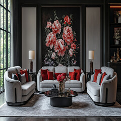 Luxury modern living room interior design featuring elegant sofas, artistic decor, and stylish lighting setups.