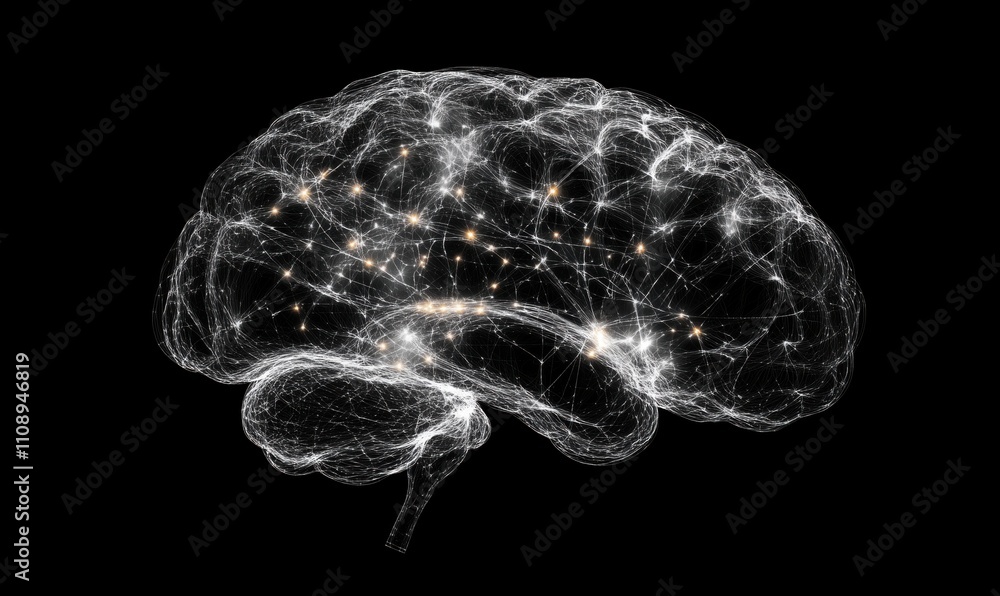 Poster brain neural network visualization, intricate connections, glowing nodes, abstract representation of