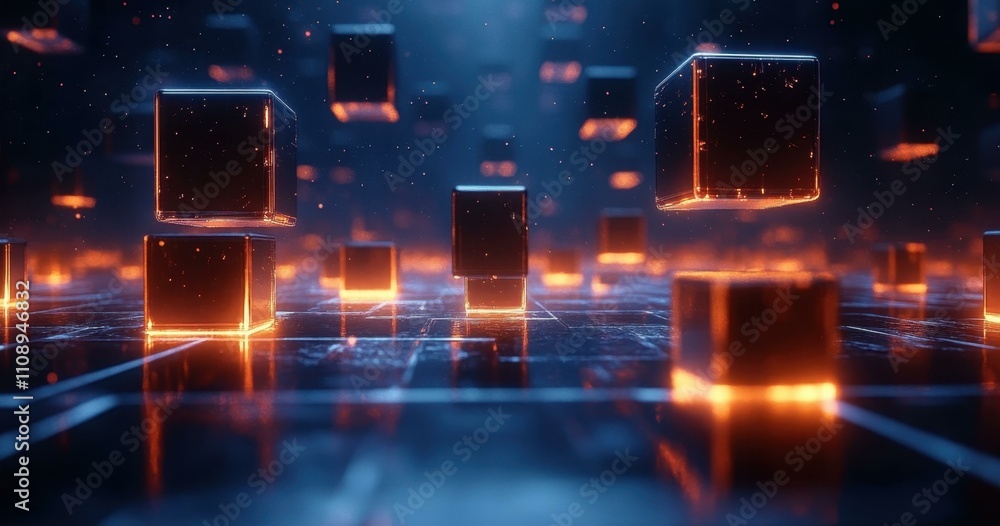 Poster neon matrix animation. futuristic glowing cubes floating in digital space, high-tech blockchain conc