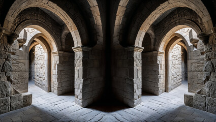 Fototapeta premium Ancient stone hallway with arches and textured stone walls