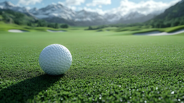 Golf Ball on Lush Green Course, Mountain View