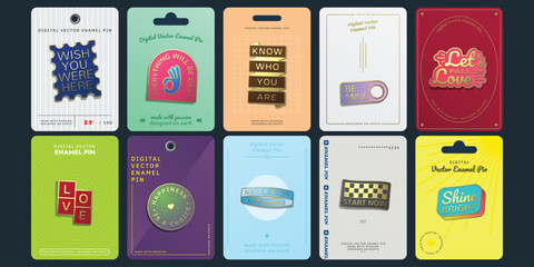 Collection of Digital Vector Enamel Pin Card Template. Clothing Patch, Badges and Stickers Set. 80s-90s Style