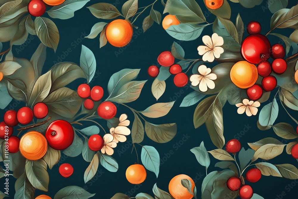 Poster bright tropical fruits arranged in an artistic pattern on a deep teal background.