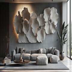 Luxury modern living room interior design featuring elegant sofas, artistic decor, and stylish lighting setups.