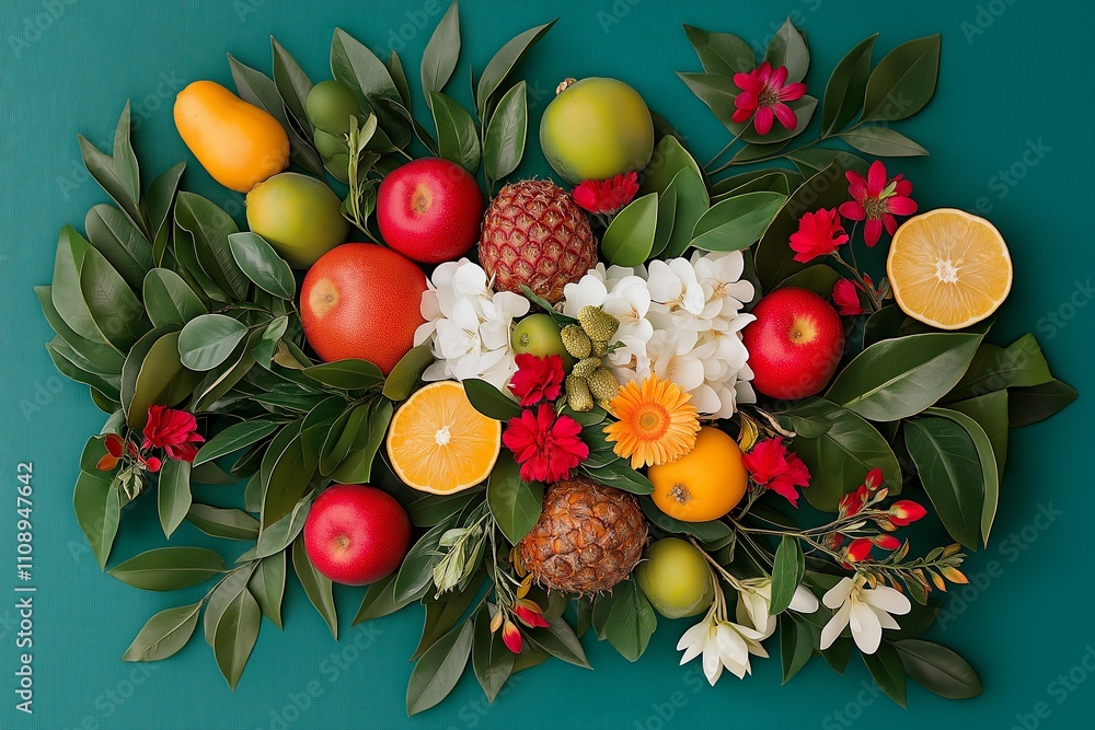 Poster bright tropical fruits arranged in an artistic pattern on a deep teal background.