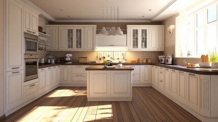 Bright and Modern Kitchen Interior with Wooden Floors and Cabinets