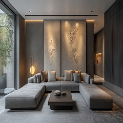 Luxury modern living room interior design featuring elegant sofas, artistic decor, and stylish lighting setups.