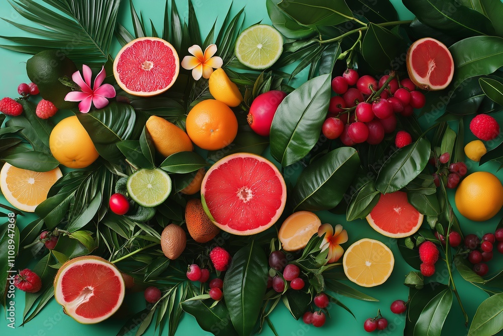 Poster bright tropical fruits arranged in an artistic pattern on a deep teal background.