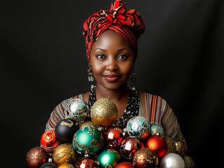 A Black woman wearing a red headscarf with a pile of Christmas baubles.