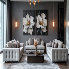 Luxury modern living room interior design featuring elegant sofas, artistic decor, and stylish lighting setups.