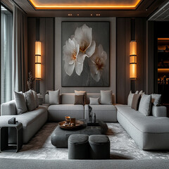 Luxury modern living room interior design featuring elegant sofas, artistic decor, and stylish lighting setups.