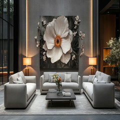 Luxury modern living room interior design featuring elegant sofas, artistic decor, and stylish lighting setups.