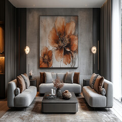 Luxury modern living room interior design featuring elegant sofas, artistic decor, and stylish lighting setups.