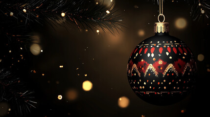 Christmas bauble with African patterns hanging from fir branches on a dark background. Stylish black, gold and red.