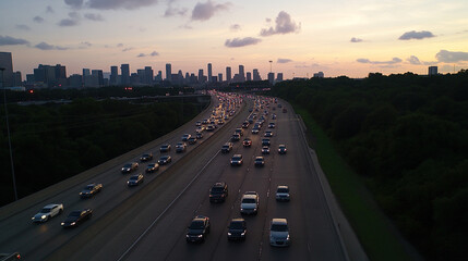 Heavy traffic on highway during rush hour, vehicles moving slowly in a long line, urban congestion and daily commute challenges.