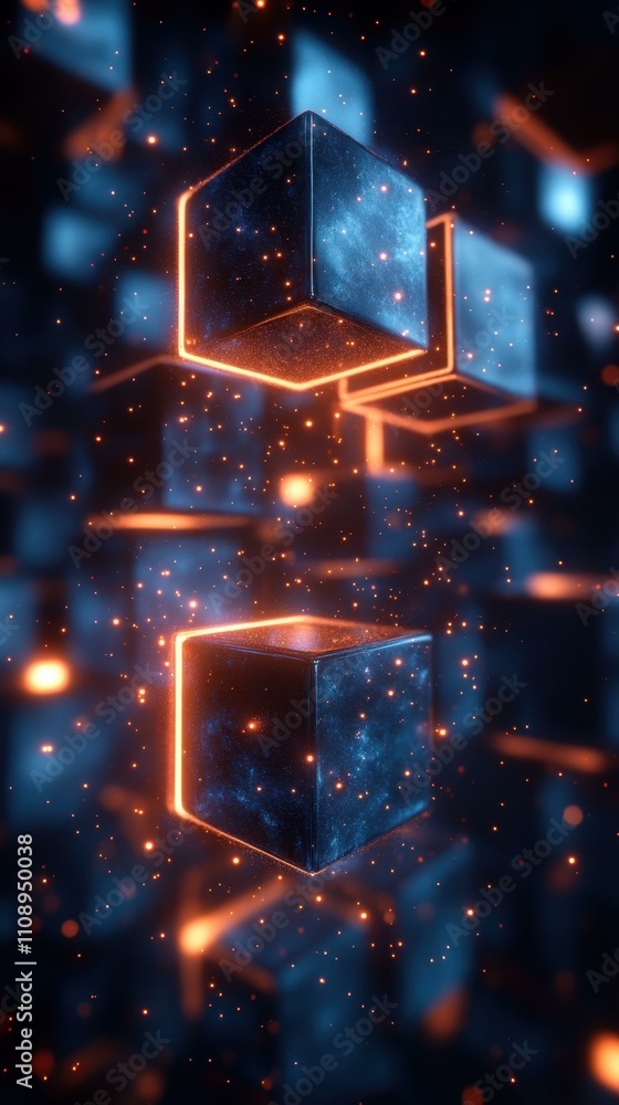 Poster the creative composition dynamic design featuring illuminated cubes and neon lights creating a futur