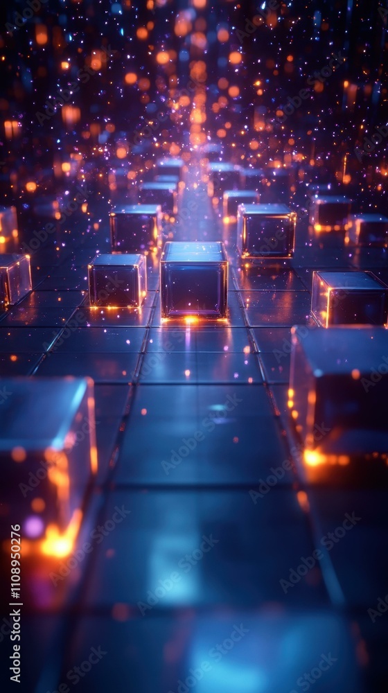 Poster bright tech patterns. futuristic glowing cubes arranged in a digital grid, abstract technology backg