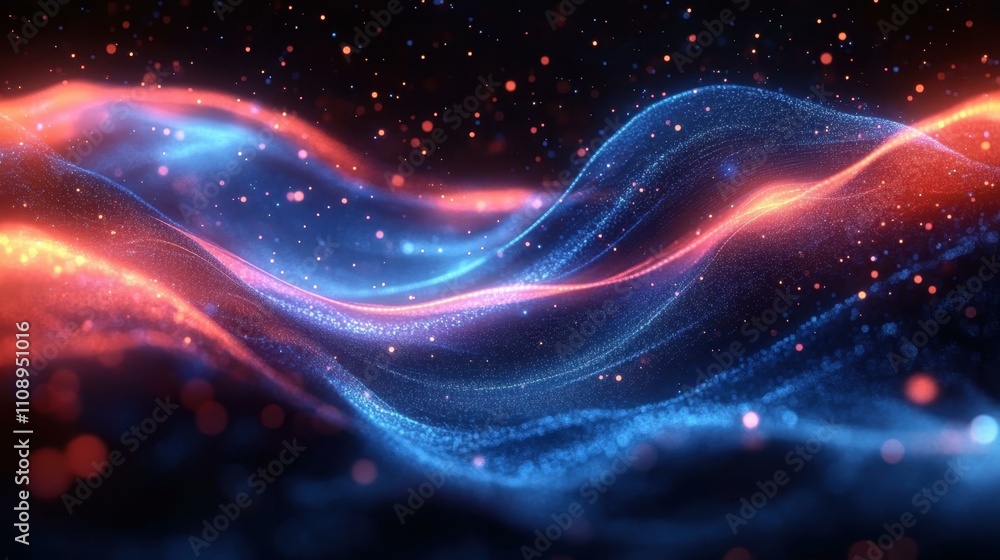 Poster an blue and orange dynamic digital illustration with undulating lines dots and waveforms in vibrant 