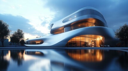 Obraz premium City Night Lights. Futuristic architecture building with curved metallic design reflecting on water at dusk, modern innovation concept, technology hub, urban landscape, evening sky, calm lake, high-t