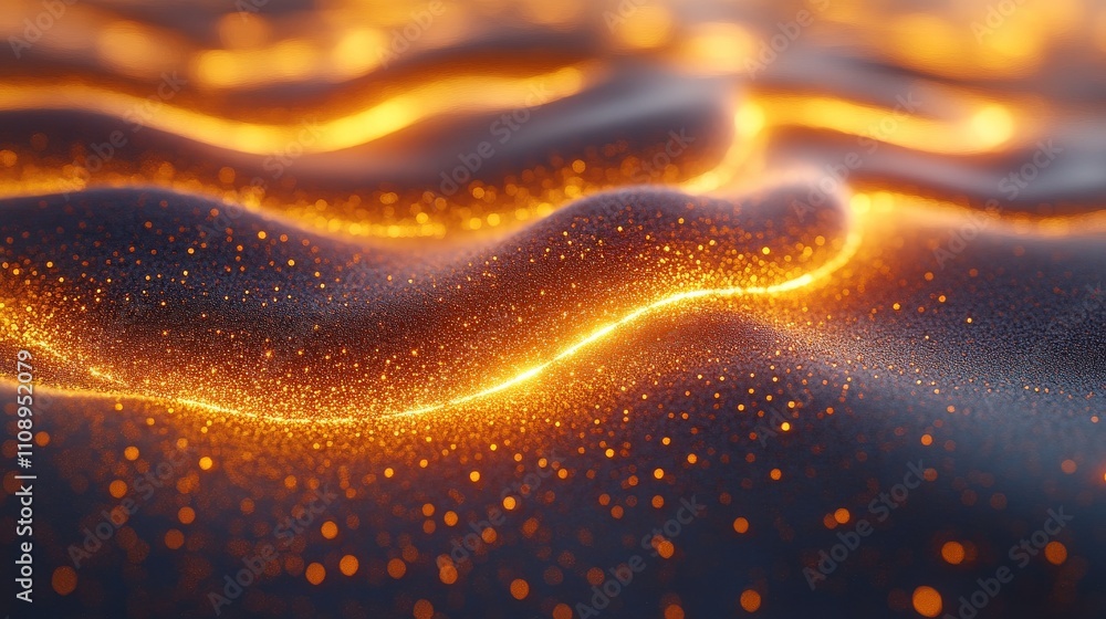 Poster abstract glowing waves with bright particles flowing through smooth dark surface creating a mesmeriz