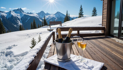  Champagne glasses on snowy mountain deck, sunny winter scene