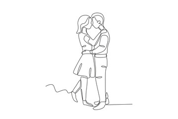 Obraz premium Single continuous line drawing of a couple kissing while embracing. Dynamic single line draw design graphic vector illustration. 
