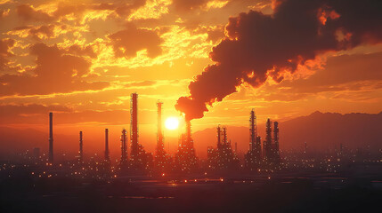 Obraz premium Industrial Sunset: Pollution, Factories, Emissions, Refining, Sky, Atmosphere, Dusk, Orange, Clouds, Towers, Landscape