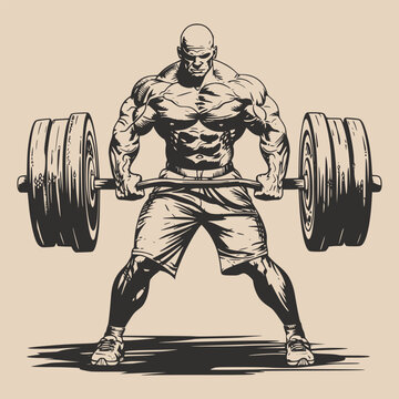 Vintage retro engraving woodcut style sketch draw paint of gym fit sport powerlifter bodubuilder man with barbell