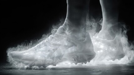 Fitness Shoe Sale. Dynamic sports running shoe with smoke effect, motion blur action for fitness, training, marathon events, futuristic background, dark moody atmosphere, high technology sneaker conc