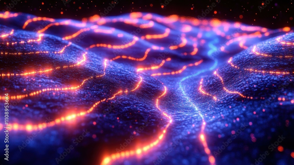 Poster smart home security. futuristic glowing digital network with interconnected neon lines flowing on da