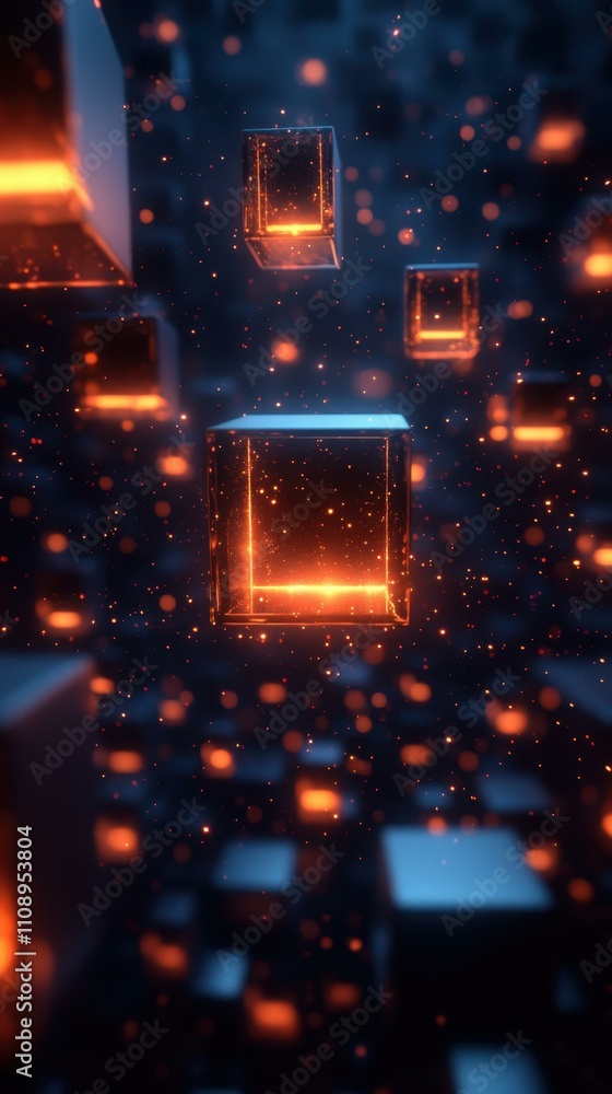 Aufkleber blue light patterns. futuristic glowing cubes floating in dark space with bokeh lights for technolog