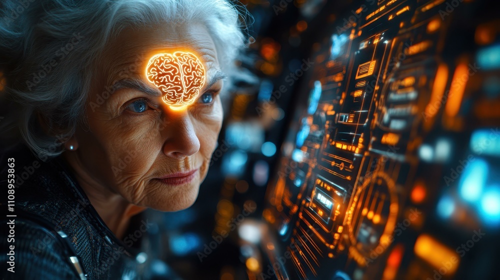 Poster the elderly woman using a brain-computer interface her glowing face controlling virtual elements wit