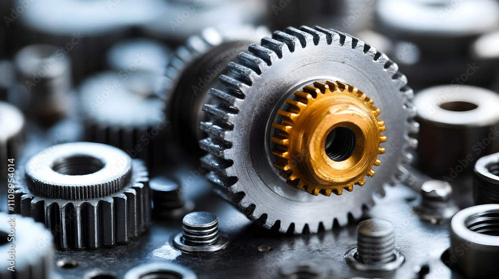 Poster precise gear mechanisms: interlocking metal gears rotate smoothly