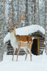 Majestic Red Deer in Winter Wonderland Serene Scene from Snowy Forest in Finnish Lapland