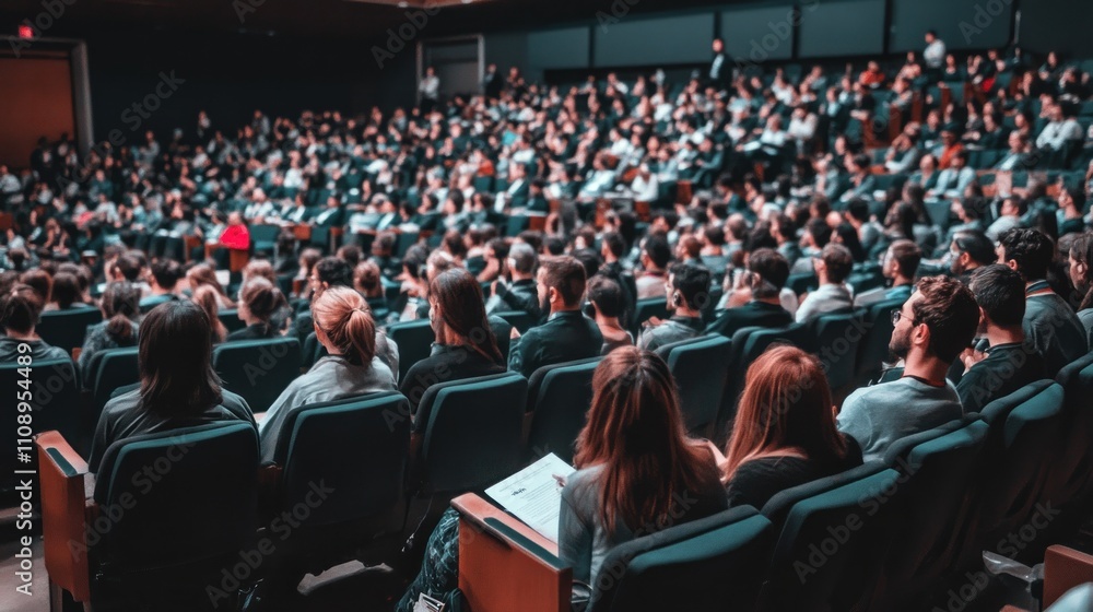 Poster large audience attending a lecture in an auditorium