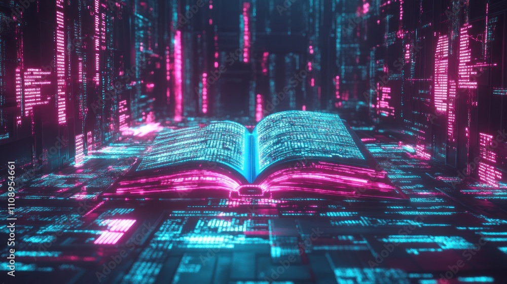 Poster digital book surrounded by glowing data streams