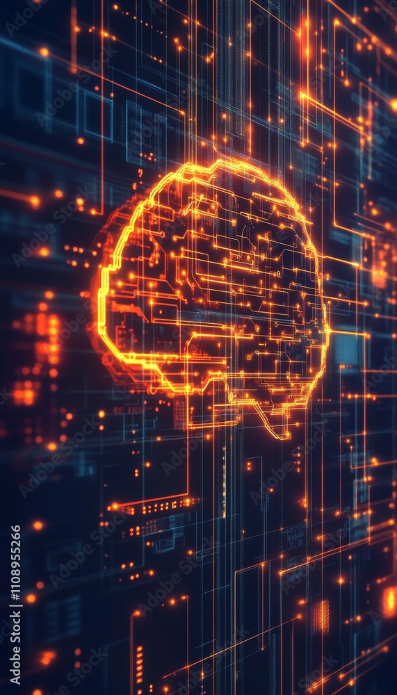 Poster glowing brain on circuit board, artificial intelligence, machine learning, big data concept.