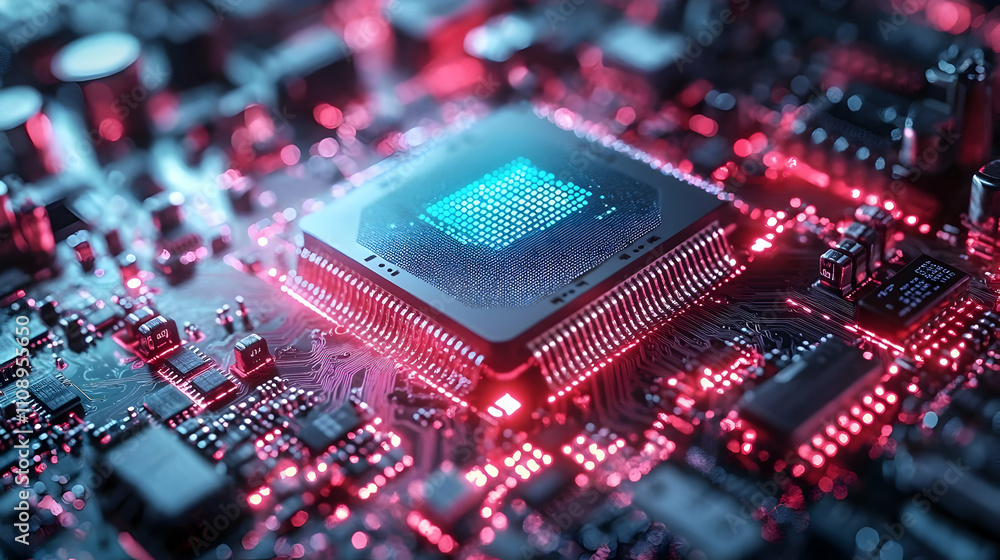 Poster exploring microchip circuits: advanced technology's intricate designs shine brightly