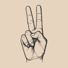 Vintage retro engraving woodcut style sketch draw paint of hand arm palm with 2 fingers up illustration