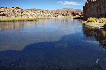 Rugged Andean Canyon with Reflective Laguna - Villamar Mallcu, Colcha K, Uyuni, Bolivia