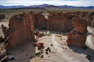 High-Desert Rock Wonders aerial view in Bolivia's Altiplano - Italia Perdida, Colcha K, Uyuni, Bolivia