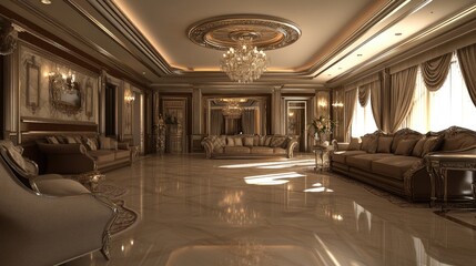 Elegant Luxury Living Room with Chandeliers and Opulent Decor