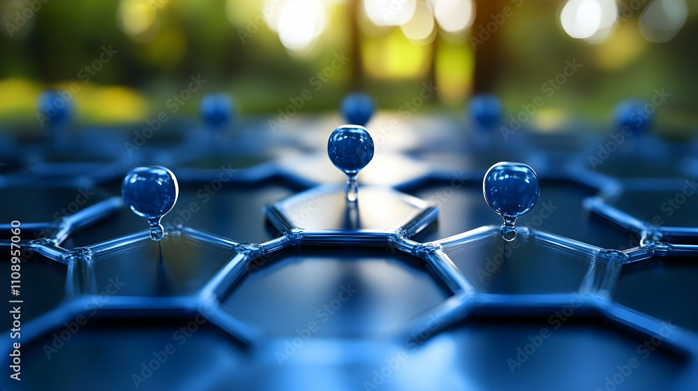 Poster blue spheres on hexagonal grid: abstract science visualization