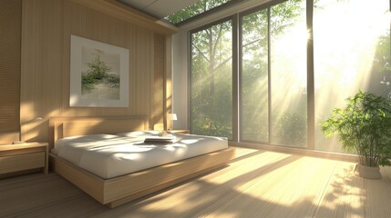 Fototapeta premium Serene Modern Bedroom with Natural Light and Greenery Outside